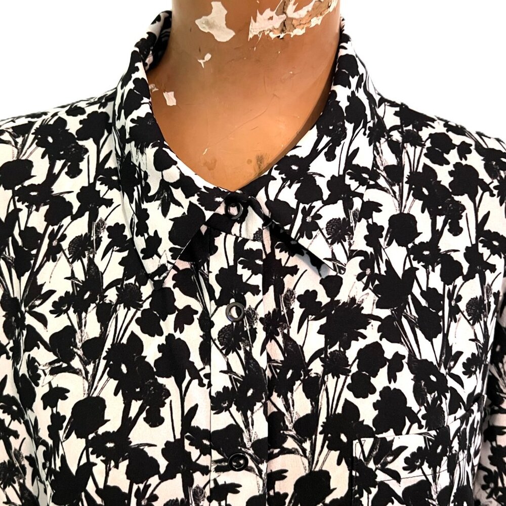 Elie Tahari Shirt Dress Size 14 Black White Floral Stretch Short Sleeve Career - Picture 2 of 12